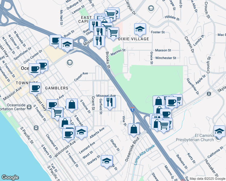 map of restaurants, bars, coffee shops, grocery stores, and more near 430 Brooks Street in Oceanside