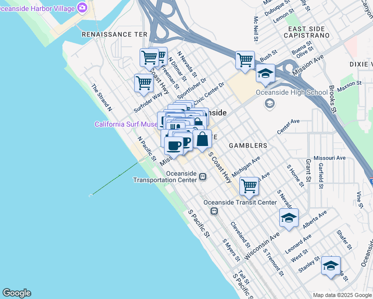 map of restaurants, bars, coffee shops, grocery stores, and more near 302 Mission Avenue in Oceanside