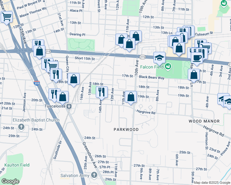 map of restaurants, bars, coffee shops, grocery stores, and more near 1120 19th Street in Tuscaloosa