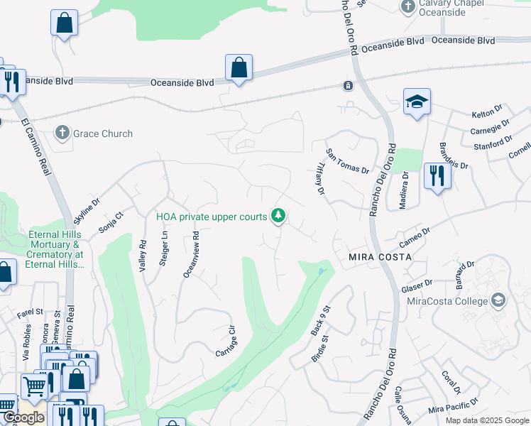 map of restaurants, bars, coffee shops, grocery stores, and more near 3356 Ironwood Place in Oceanside