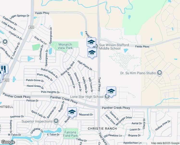 map of restaurants, bars, coffee shops, grocery stores, and more near 14020 Mill Town Drive in Frisco
