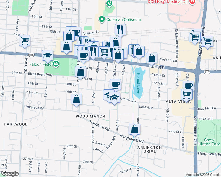 map of restaurants, bars, coffee shops, grocery stores, and more near 1720 2nd Avenue in Tuscaloosa