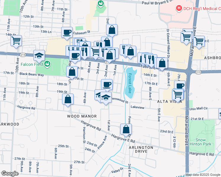 map of restaurants, bars, coffee shops, grocery stores, and more near 1714 1st Avenue in Tuscaloosa