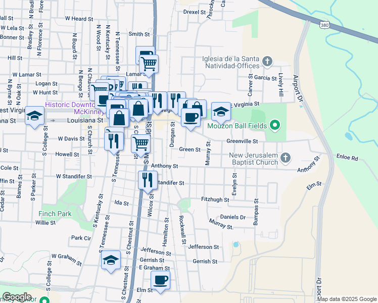 map of restaurants, bars, coffee shops, grocery stores, and more near 804 Green Street in McKinney