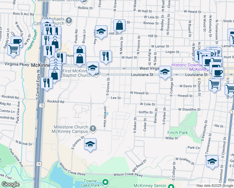 map of restaurants, bars, coffee shops, grocery stores, and more near 1601 West Howell Street in McKinney