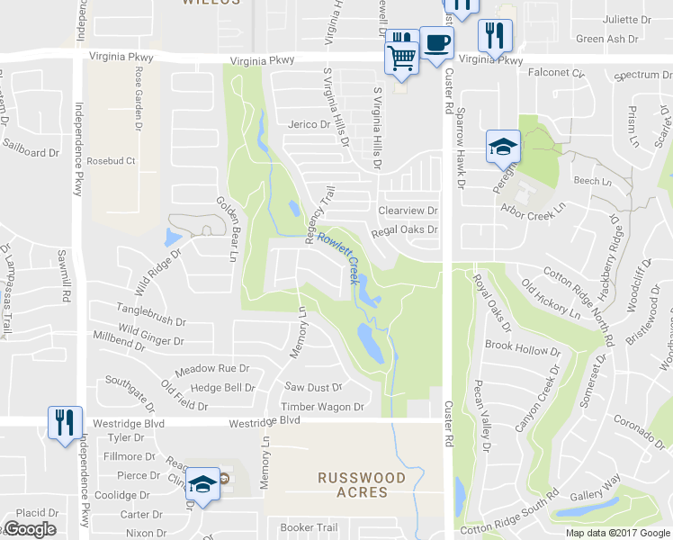 map of restaurants, bars, coffee shops, grocery stores, and more near 9401 National Pines Drive in McKinney