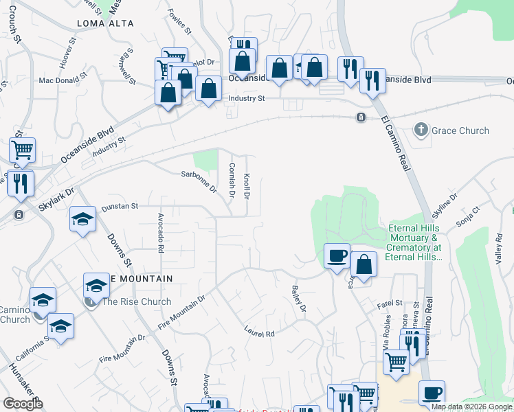 map of restaurants, bars, coffee shops, grocery stores, and more near 1353 Eldean Lane in Oceanside