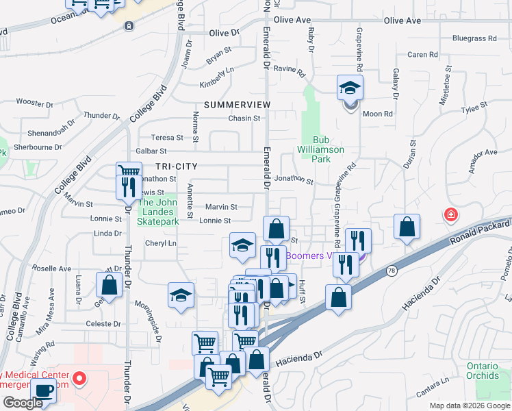 map of restaurants, bars, coffee shops, grocery stores, and more near 2852 Yvonne Street in Oceanside