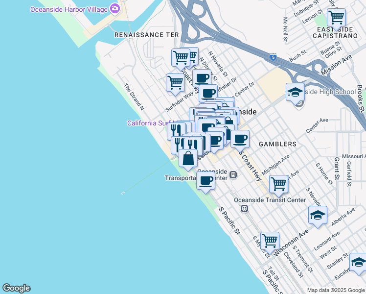 map of restaurants, bars, coffee shops, grocery stores, and more near 333 North Pacific Street in Oceanside