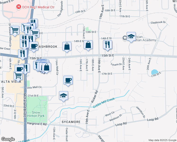 map of restaurants, bars, coffee shops, grocery stores, and more near 1625 17th Avenue East in Tuscaloosa
