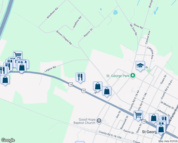 map of restaurants, bars, coffee shops, grocery stores, and more near 224 Raysor Street in Saint George