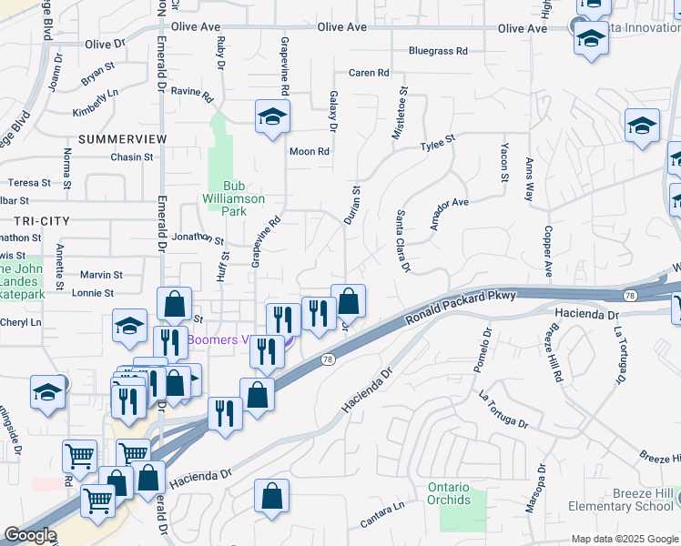 map of restaurants, bars, coffee shops, grocery stores, and more near 232 Hill Drive in Vista