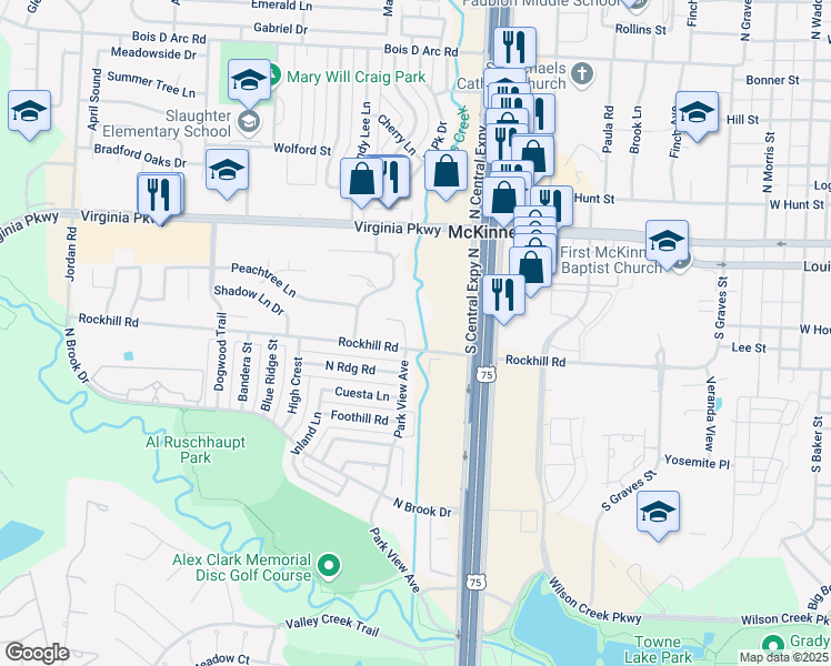 map of restaurants, bars, coffee shops, grocery stores, and more near 103 Poppy Lane in McKinney