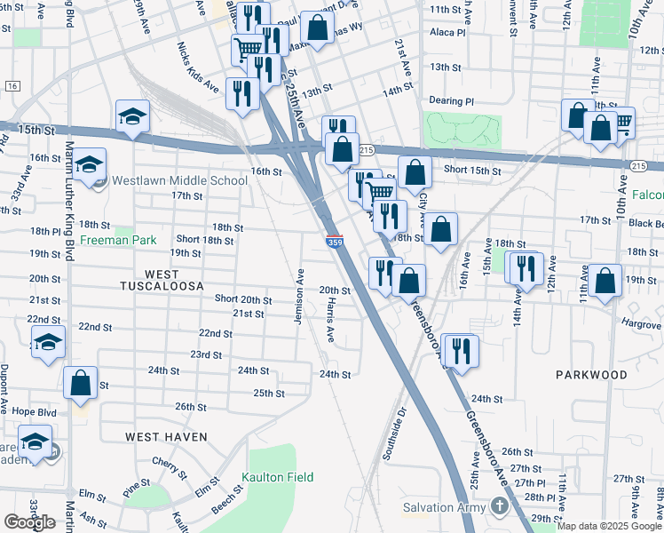 map of restaurants, bars, coffee shops, grocery stores, and more near 2601 19th Street in Tuscaloosa