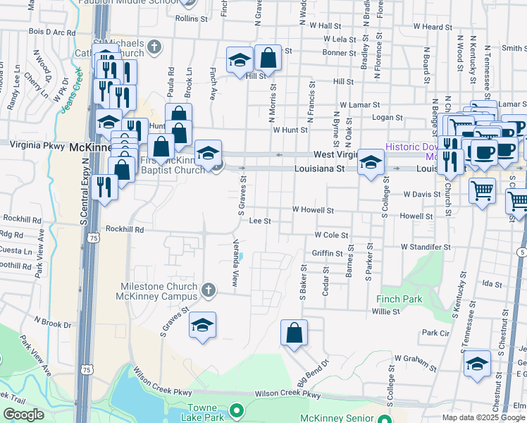 map of restaurants, bars, coffee shops, grocery stores, and more near 1601 West Howell Street in McKinney