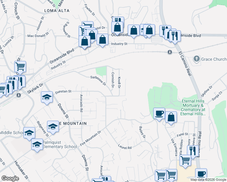 map of restaurants, bars, coffee shops, grocery stores, and more near 1354 Cornish Drive in Oceanside