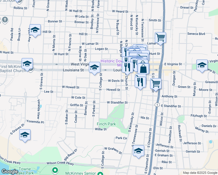 map of restaurants, bars, coffee shops, grocery stores, and more near 608 Howell Street in McKinney