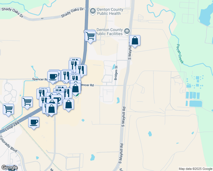 map of restaurants, bars, coffee shops, grocery stores, and more near 2874 Spencer Road in Denton