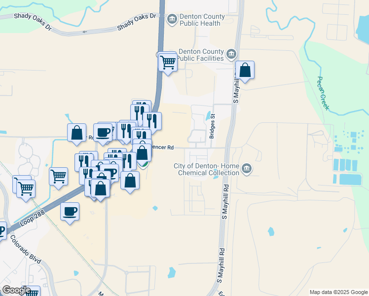 map of restaurants, bars, coffee shops, grocery stores, and more near 2852 Spencer Road in Denton