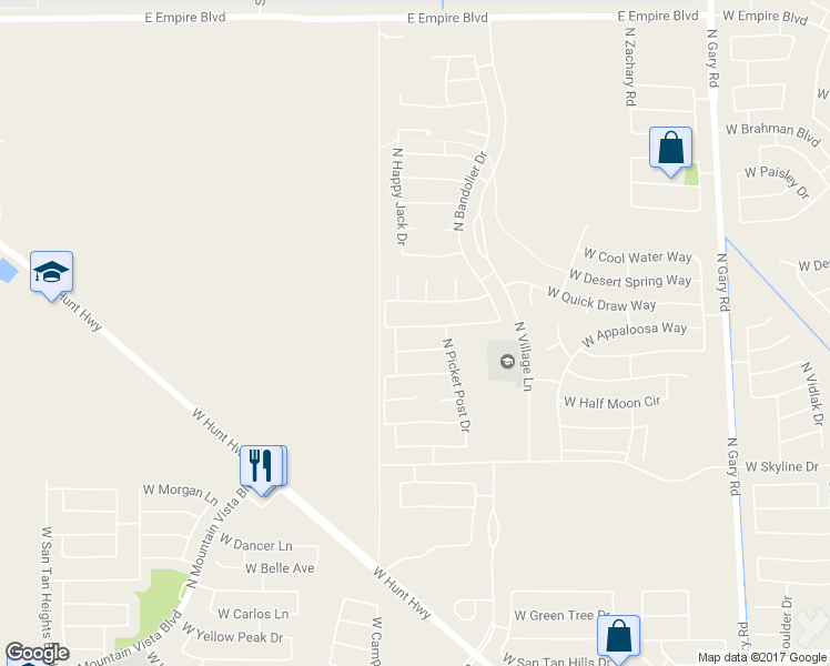 map of restaurants, bars, coffee shops, grocery stores, and more near 2597 West Silver Streak Way in Queen Creek