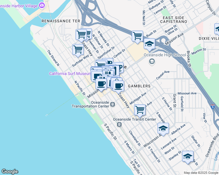 map of restaurants, bars, coffee shops, grocery stores, and more near 401-409 Mission Avenue in Oceanside