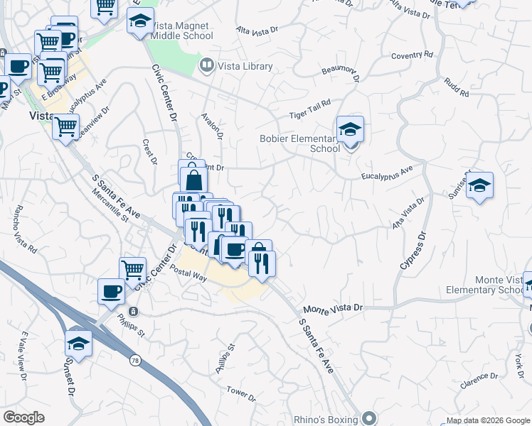map of restaurants, bars, coffee shops, grocery stores, and more near 2380 Alta Vista Drive in Vista
