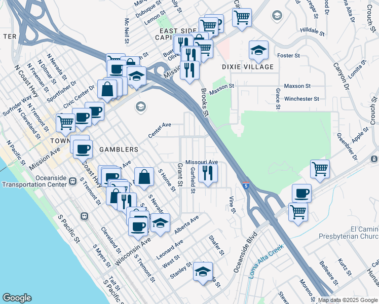 map of restaurants, bars, coffee shops, grocery stores, and more near 438 Garfield Street in Oceanside