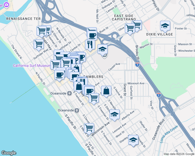 map of restaurants, bars, coffee shops, grocery stores, and more near 220 South Nevada Street in Oceanside