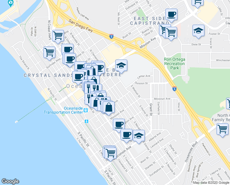 map of restaurants, bars, coffee shops, grocery stores, and more near 220 South Nevada Street in Oceanside
