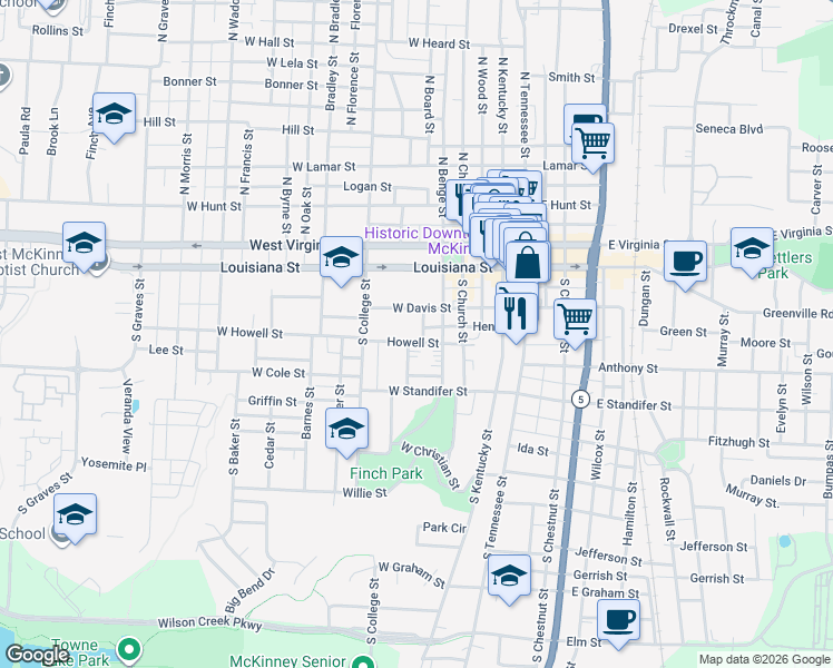 map of restaurants, bars, coffee shops, grocery stores, and more near 502 West Howell Street in McKinney