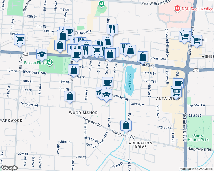 map of restaurants, bars, coffee shops, grocery stores, and more near 1717 2nd Avenue in Tuscaloosa