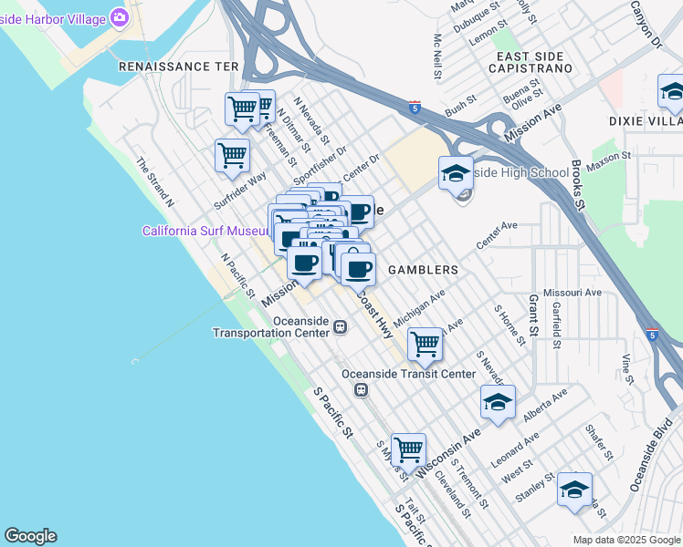 map of restaurants, bars, coffee shops, grocery stores, and more near 101 North Coast Highway in Oceanside