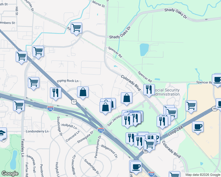 map of restaurants, bars, coffee shops, grocery stores, and more near 1532 Valley Creek Road in Denton