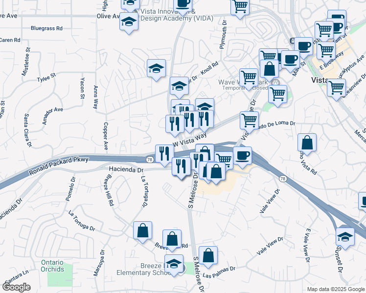 map of restaurants, bars, coffee shops, grocery stores, and more near 109 South Melrose Drive in Vista