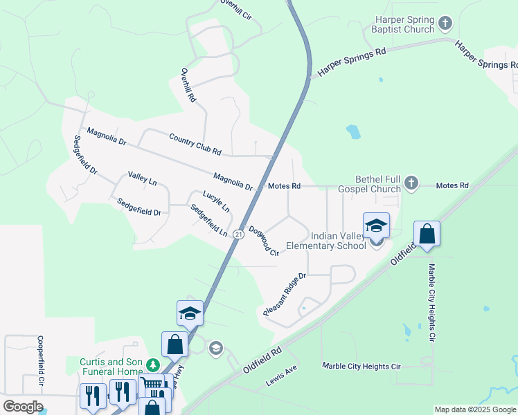 map of restaurants, bars, coffee shops, grocery stores, and more near 2106 Talladega Highway in Sylacauga