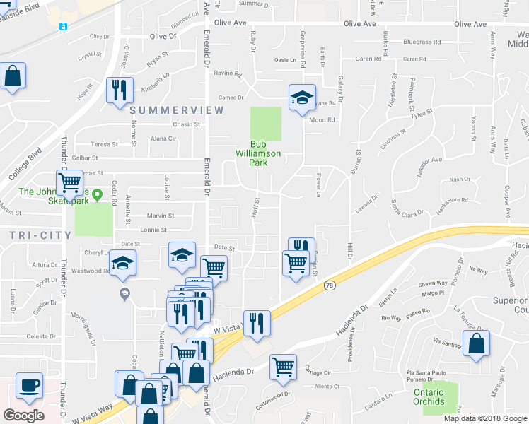 map of restaurants, bars, coffee shops, grocery stores, and more near 1630 Doris Jean Place in Vista