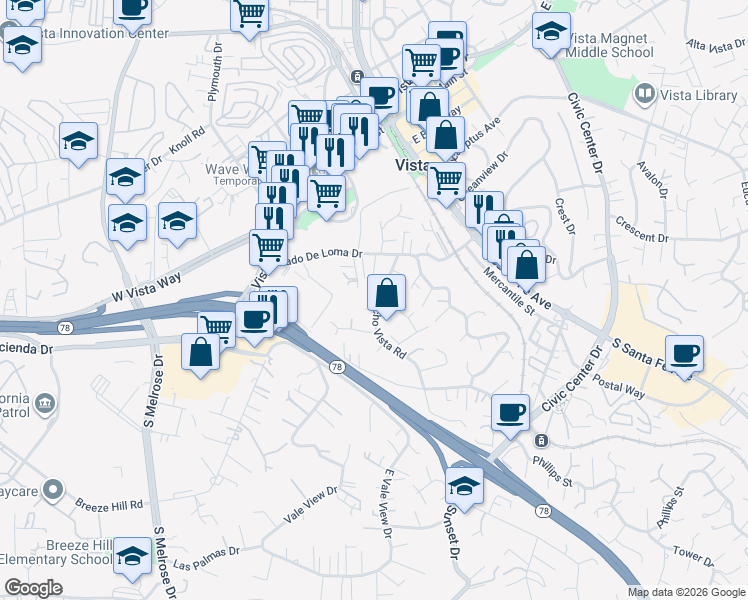 map of restaurants, bars, coffee shops, grocery stores, and more near 469 1/2 Rancho Vista Road in Vista