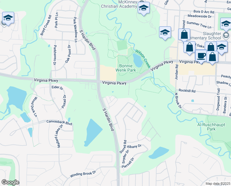 map of restaurants, bars, coffee shops, grocery stores, and more near 3351 Virginia Parkway in McKinney