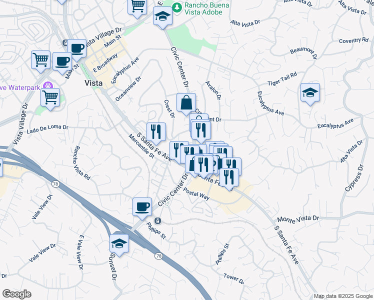 map of restaurants, bars, coffee shops, grocery stores, and more near 815 Escondido Avenue in Vista