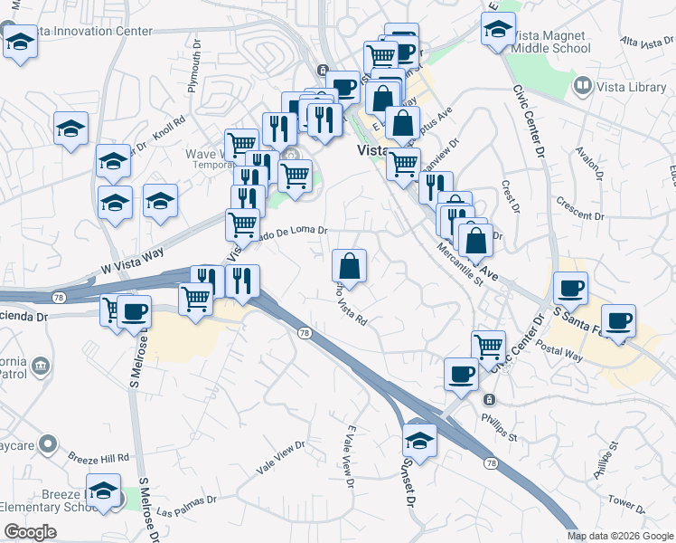map of restaurants, bars, coffee shops, grocery stores, and more near 469 1/2 Rancho Vista Road in Vista