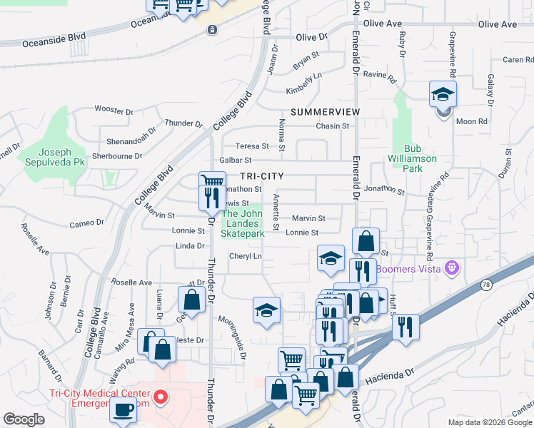 map of restaurants, bars, coffee shops, grocery stores, and more near 2850 Cedar Road in Oceanside