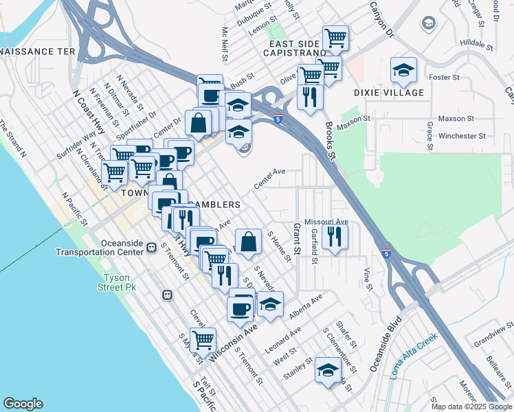 map of restaurants, bars, coffee shops, grocery stores, and more near 324 South Weitzel Street in Oceanside