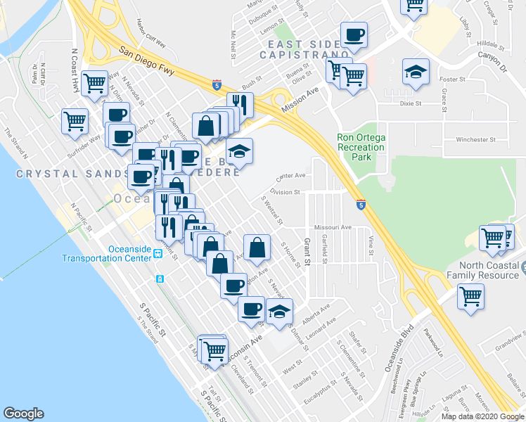 map of restaurants, bars, coffee shops, grocery stores, and more near 239 South Horne Street in Oceanside