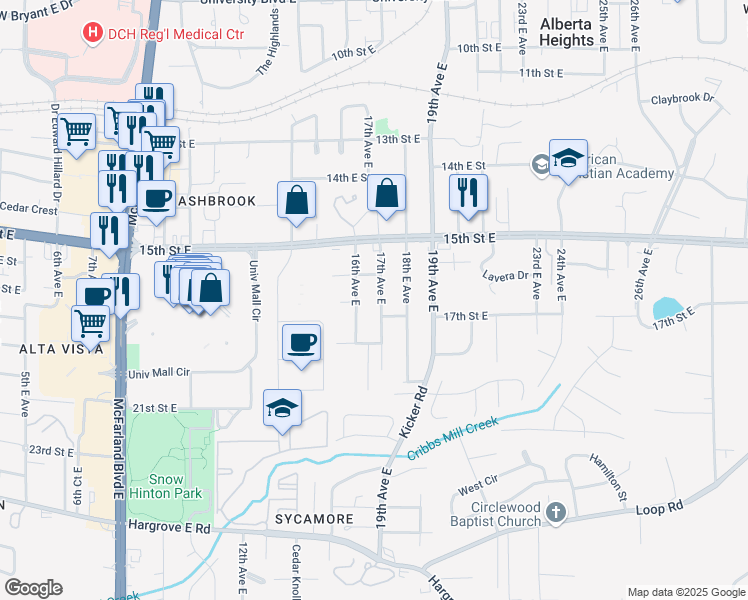 map of restaurants, bars, coffee shops, grocery stores, and more near 1705 17th Avenue East in Tuscaloosa