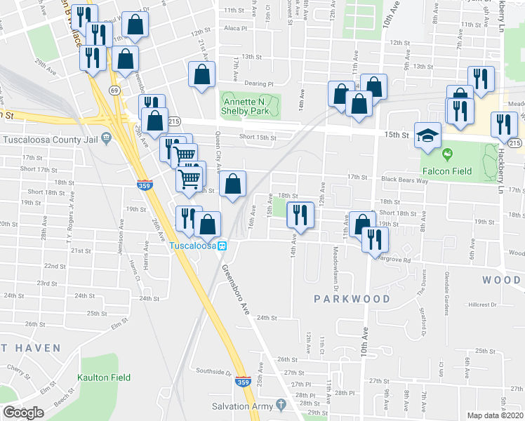 map of restaurants, bars, coffee shops, grocery stores, and more near 1515 19th Street in Tuscaloosa
