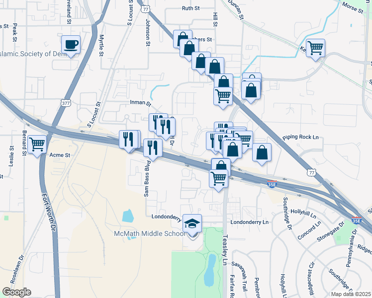 map of restaurants, bars, coffee shops, grocery stores, and more near 441-499 South Interstate 35 East in Denton