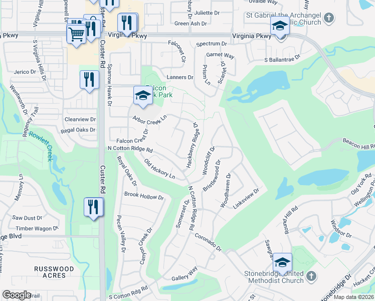 map of restaurants, bars, coffee shops, grocery stores, and more near 708 Hackberry Ridge Drive in McKinney
