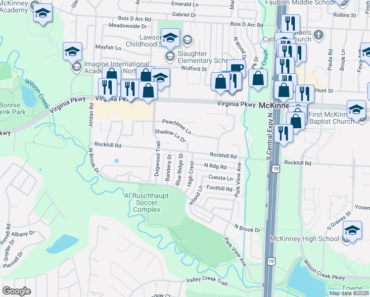map of restaurants, bars, coffee shops, grocery stores, and more near 2410 Rockhill Road in McKinney