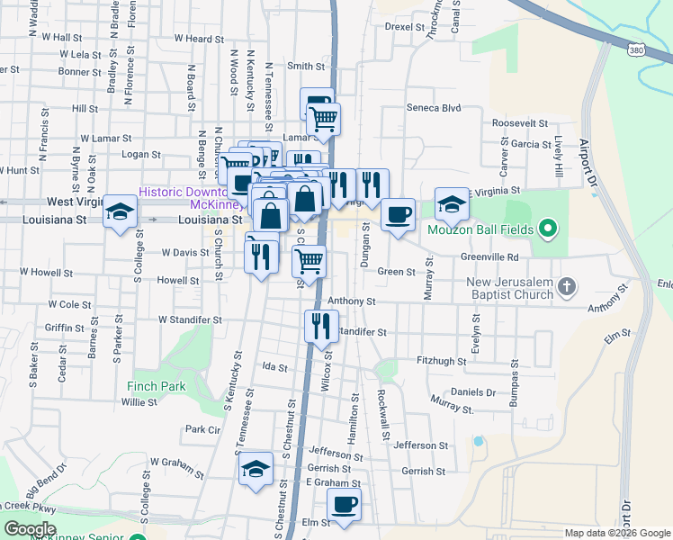 map of restaurants, bars, coffee shops, grocery stores, and more near 301 South McDonald Street in McKinney