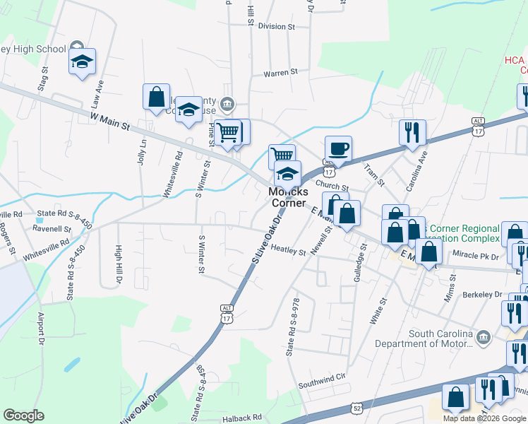 map of restaurants, bars, coffee shops, grocery stores, and more near 106 Goodwin Street in Moncks Corner